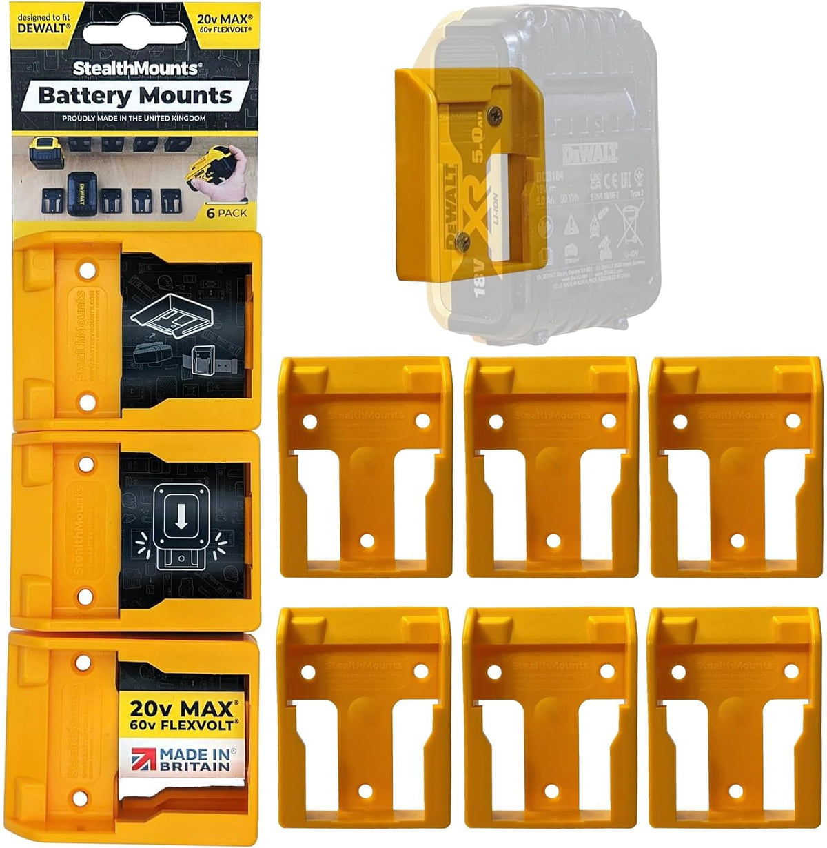 StealthMounts Yellow Battery Mounts Compatible with DeWalt ? 6 Pack | Battery Holder | Wall Mounted Holders for Power Tool Storage & Accessories |