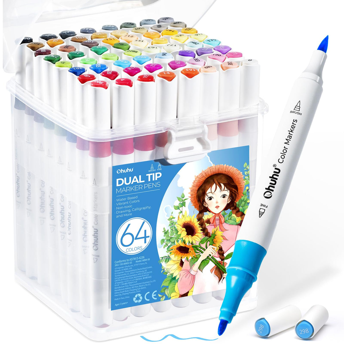 Ohuhu Markers Water-Based, 64 Colours Dual Tip (Brush & Fine) Art Markers Brush Pens for Adults Colouring Pens for Anime Manga Design, Calligraphy,
