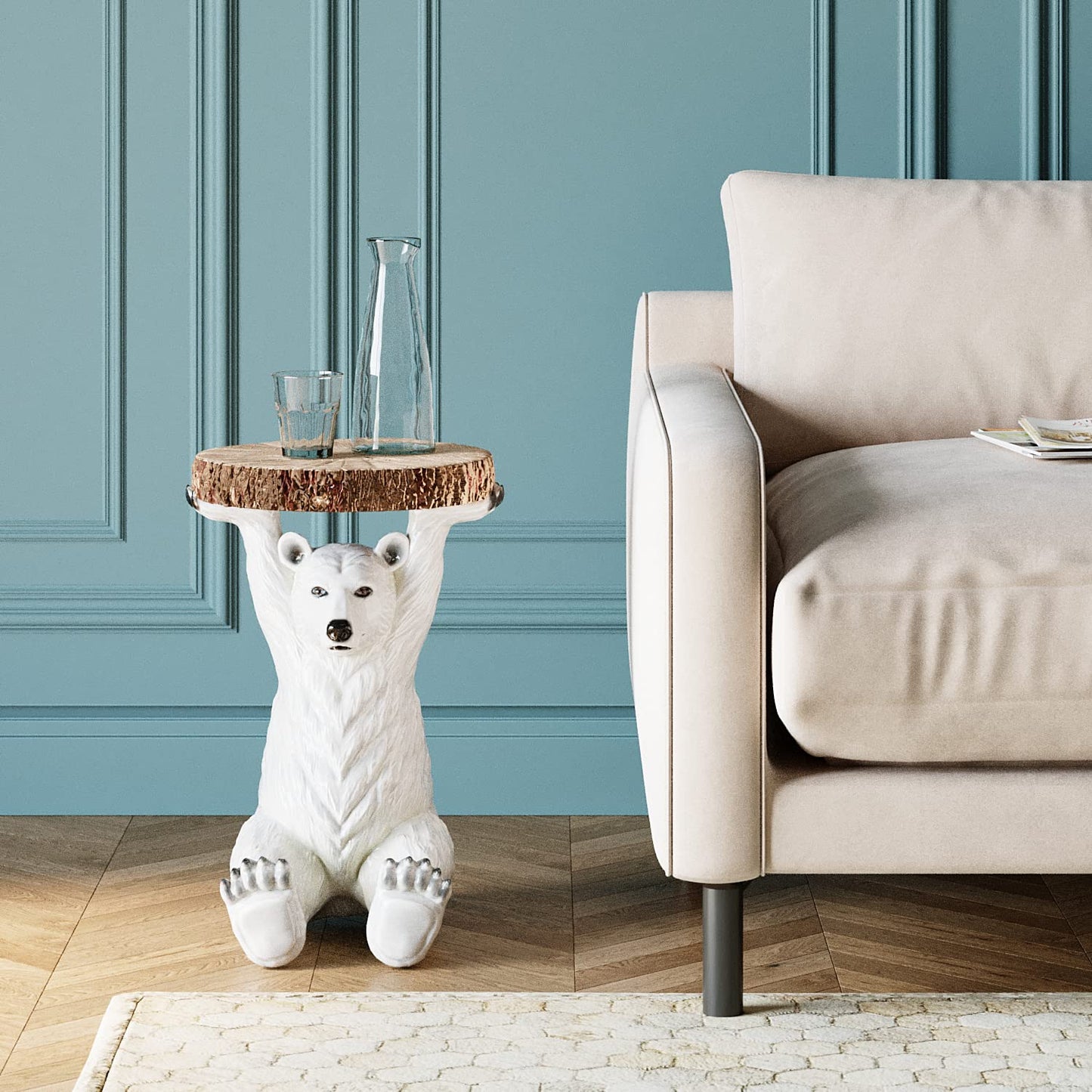 KARE Design Side Table Animal Polar Bear, Brown, White, Animal Motif, Gift Idea, Sofa Side Table, Round Bedside Table, Room Decor