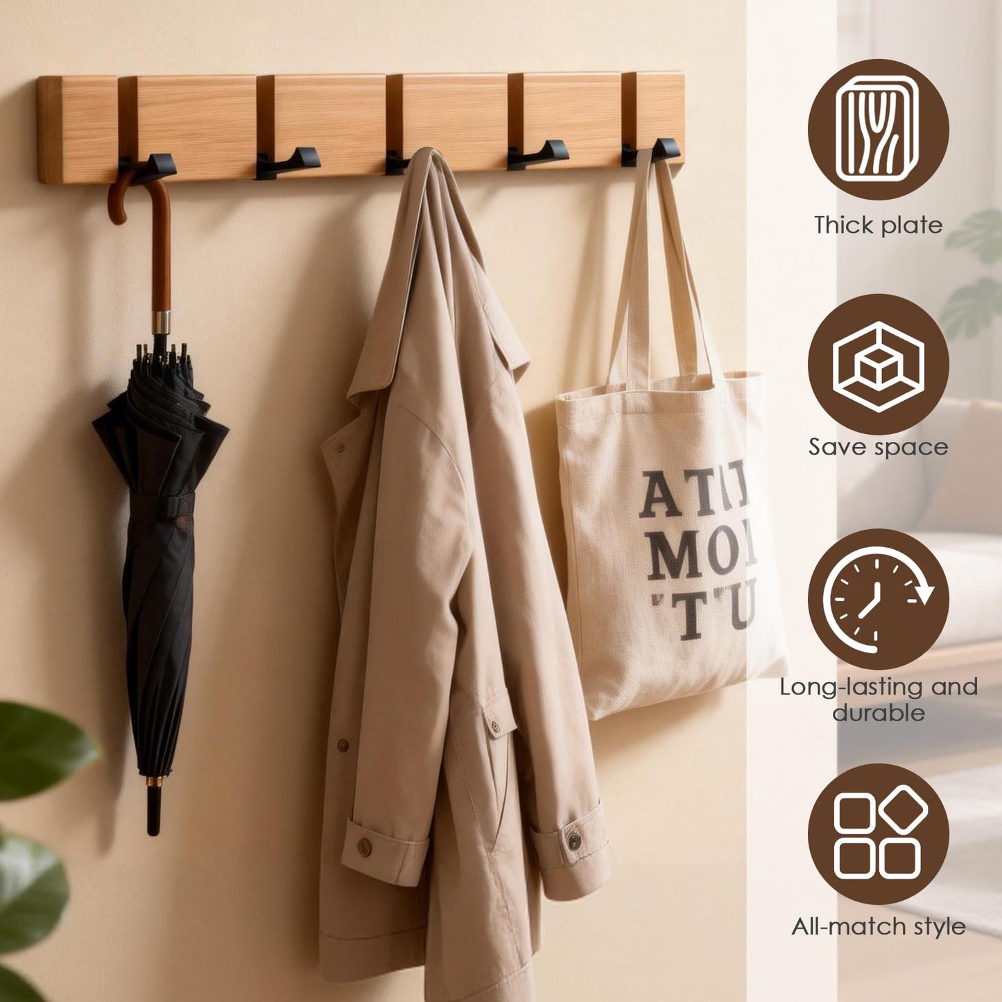 EHIOG Flip 5-Hook Wall Mounted Coat Rack, Wooden Modern Flip Down for Hanging Hats, Sleek, Wood Heavy Duty Entryway Wall Hangers for Hanging Towels