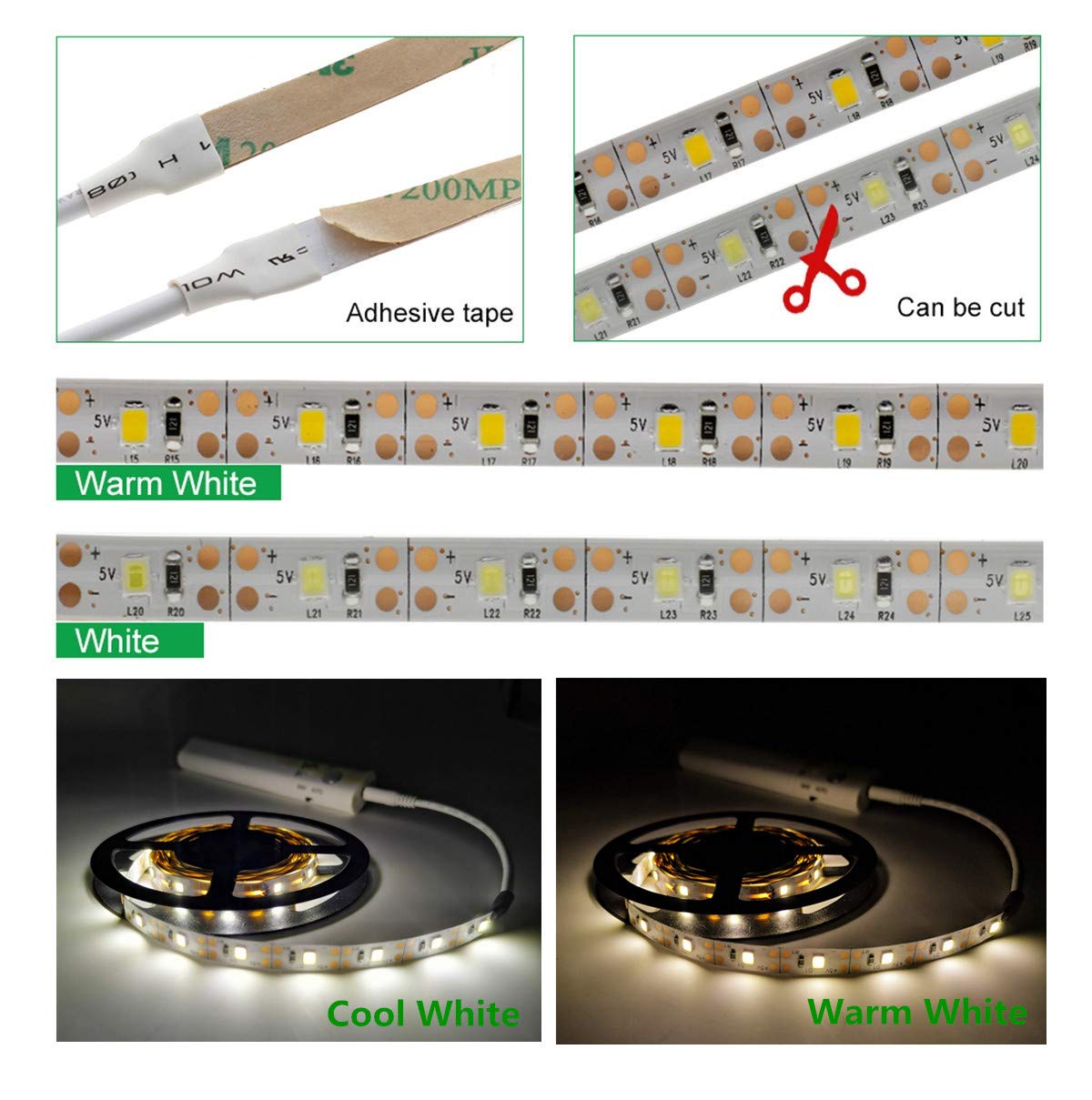 Battery Powered,Motion Sensor Led Light Strips Smart Night Light Motion Activated Led Strip Light for Room Cool White Light-5M / 16.4ft
