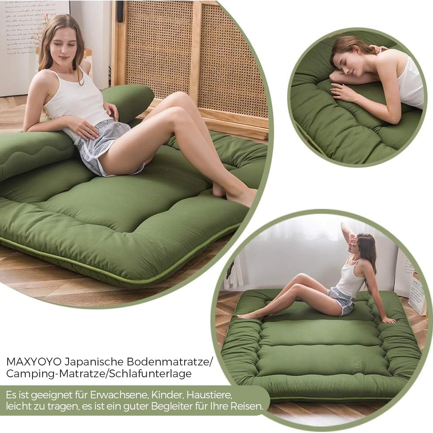 MAXYOYO Japanese Floor Futon Mattress, Thicken Tatami Sleeping Pad Foldable Roll Up Dormitory Mat Pad Floor Lounger Pillow Bed (Green, Double)