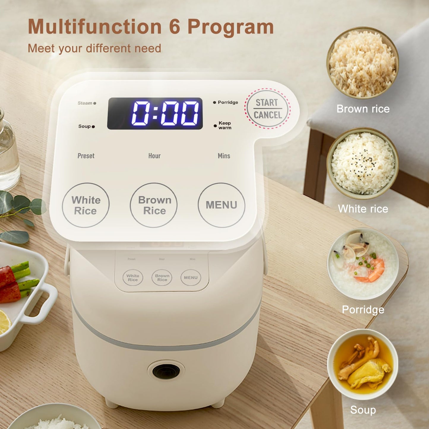 Bear Multifunctional 4 Cups(Uncooked) Rice Cooker with Steamer and 6 Rice Cooking Functions for 2-3 People - Perfect for White/Brown Rice, Porridge,