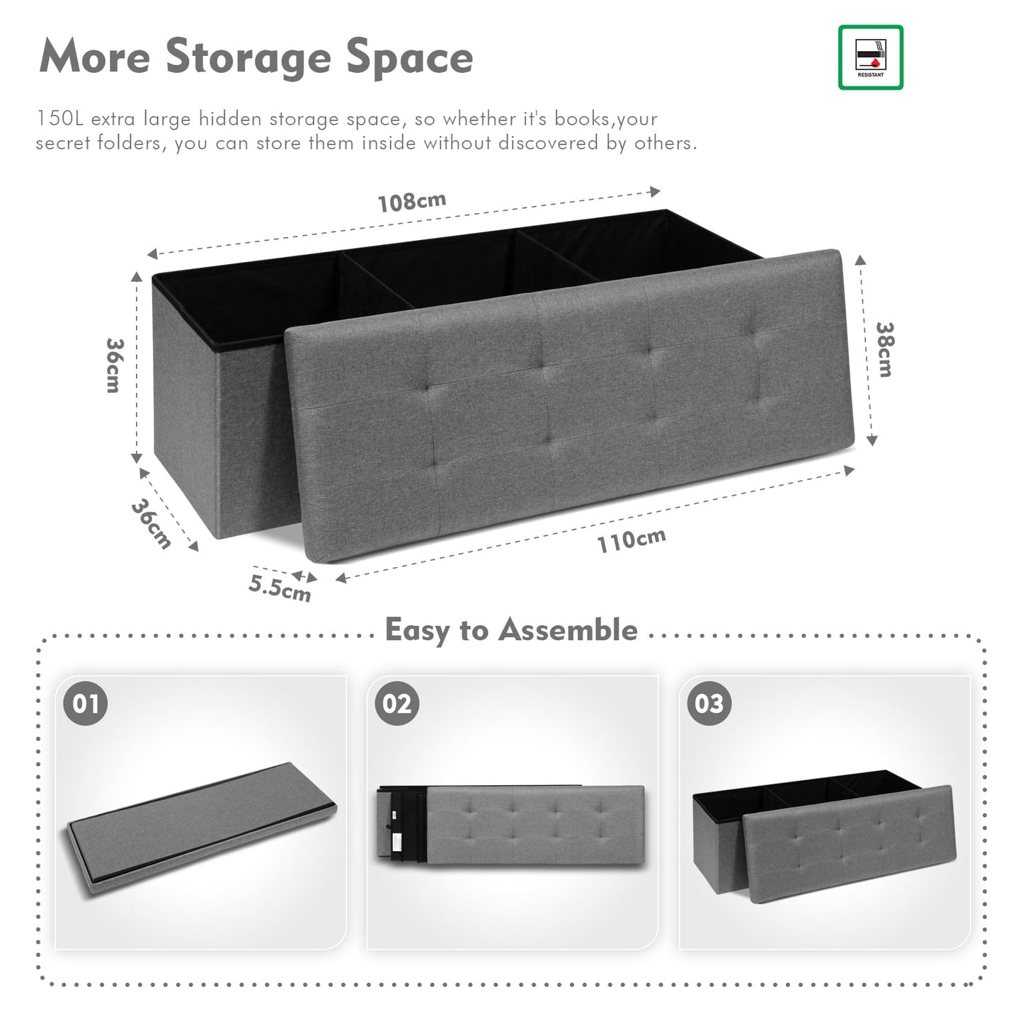 Bonlife 110x38x38cm Grey Extra Large Ottoman Storage Box with Lid,Folding Toy Chest Boxes Bedroom End of Bed Storage Bench Footstools for Living Room