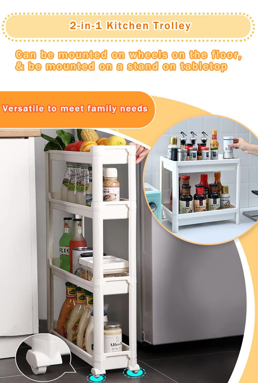 Gelory 4 Tier Slim Storage Cart Slide Out Kitchen Trolley, Mobile Storage Shelving Organizer Cart for Kitchen Bathroom Laundry Office
