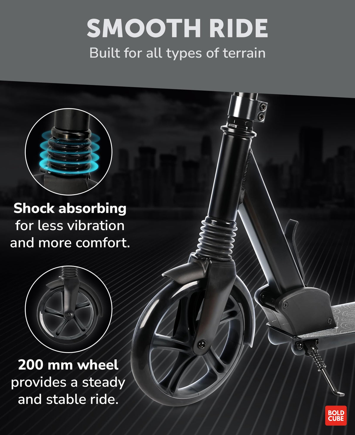 BOLDCUBE Big 2 Wheeler Charcoal | Scooter for Kids & Teens Ages 7+ Years | Play & Commute | Front Suspension Fit with 200MM Wheels | Height Adjustable