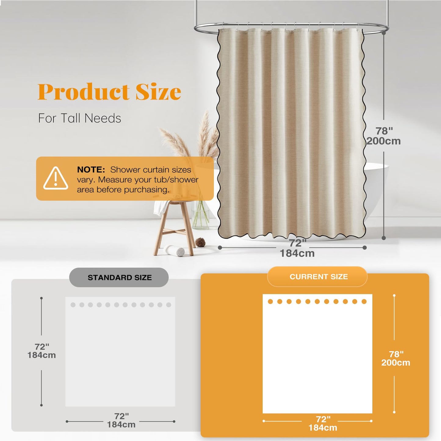 BTTN Long Scalloped Shower Curtain, Waterproof, 184x200cm, Beige/Cream