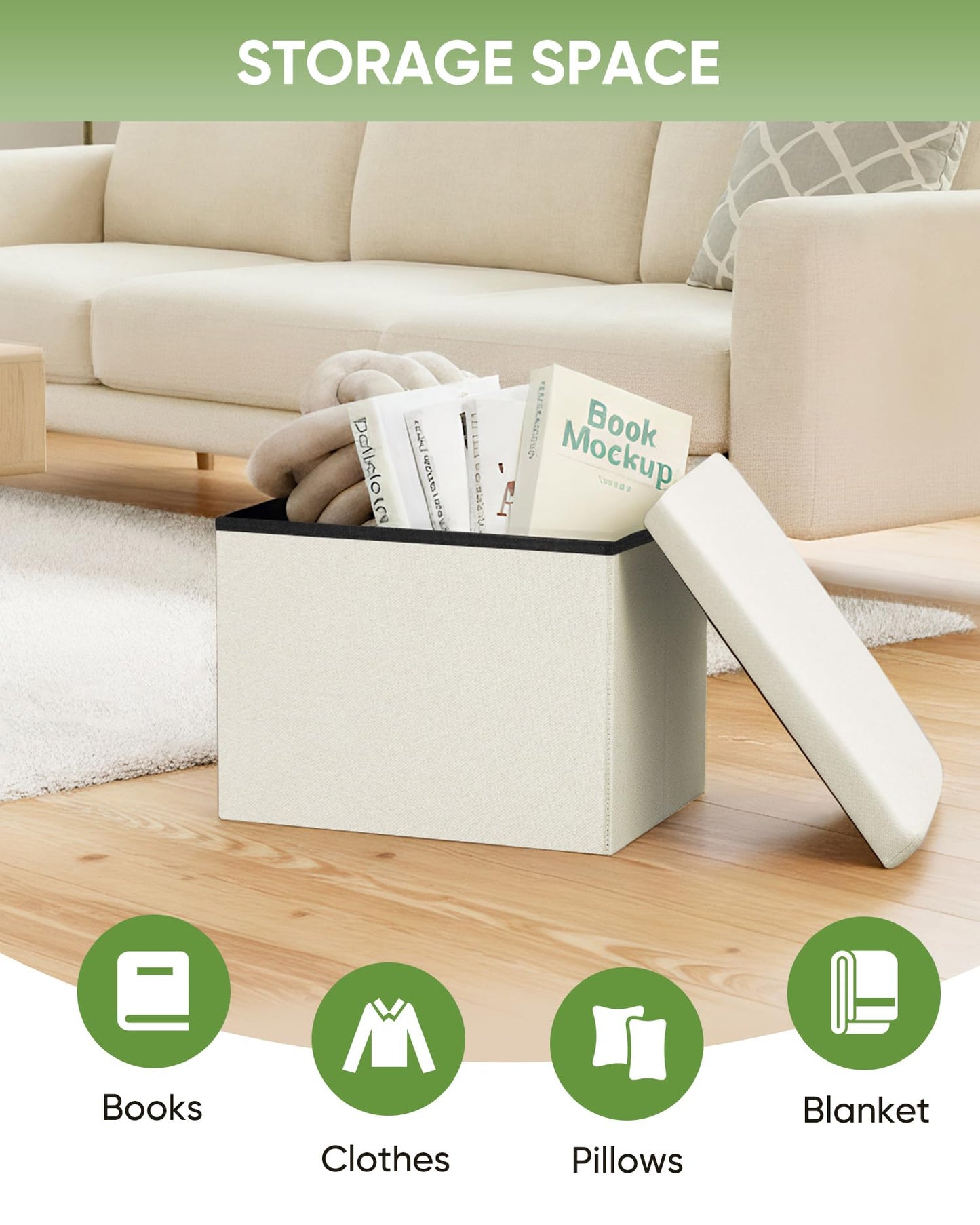 Bonlife Ottoman Storage Box - Foldable Rectangular Footstool for Living Room, Kids Toy Chest with Lid, Multi-Use Seat & Storage, Cream, 42x32x32 cm