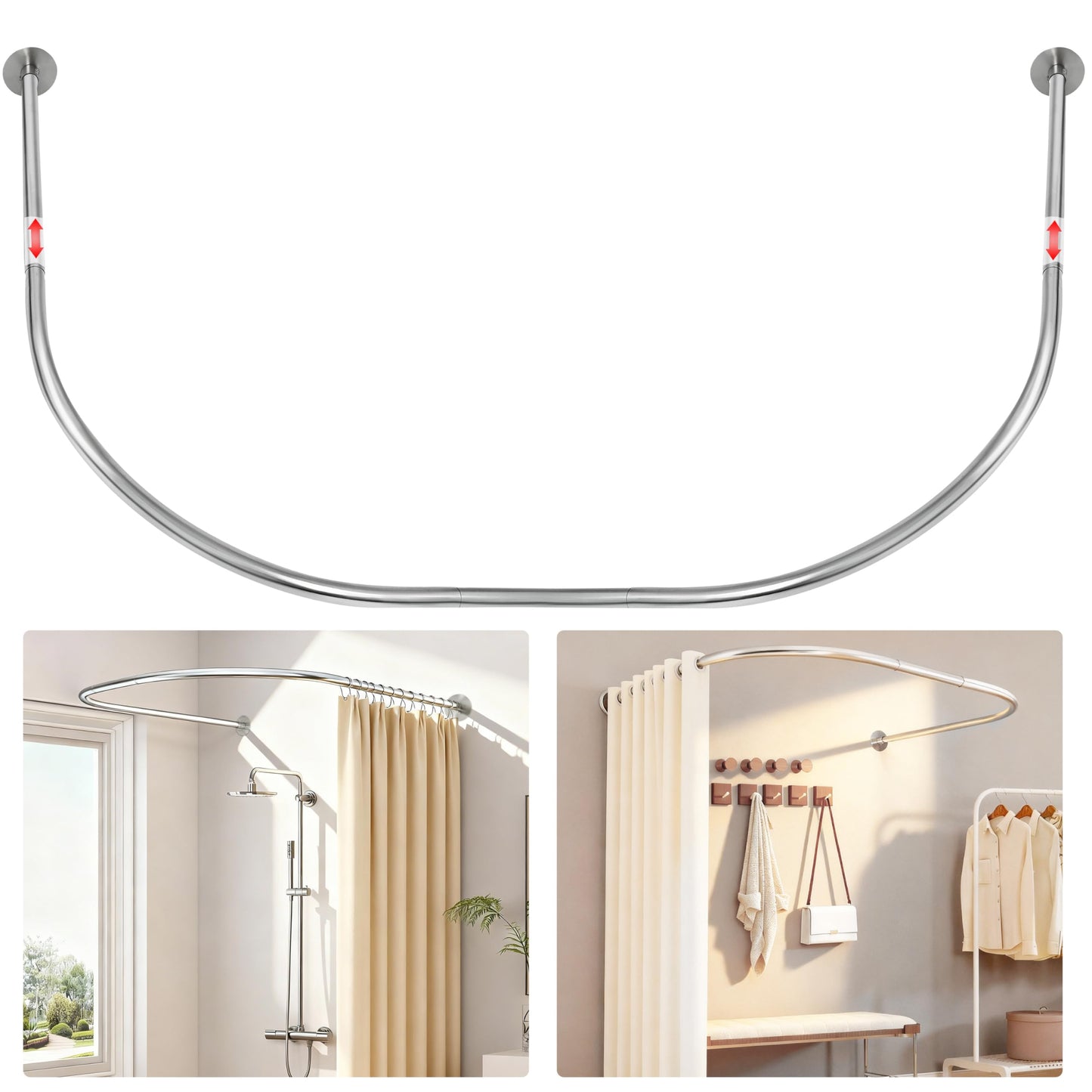 ZAIONE U-Shaped Shower Curtain Rail: Adjustable 90-130 x 100 x 90-130cm Drill or No Drill U-Shaped/L-Shaped Curved Silver Curtain Pole Rod