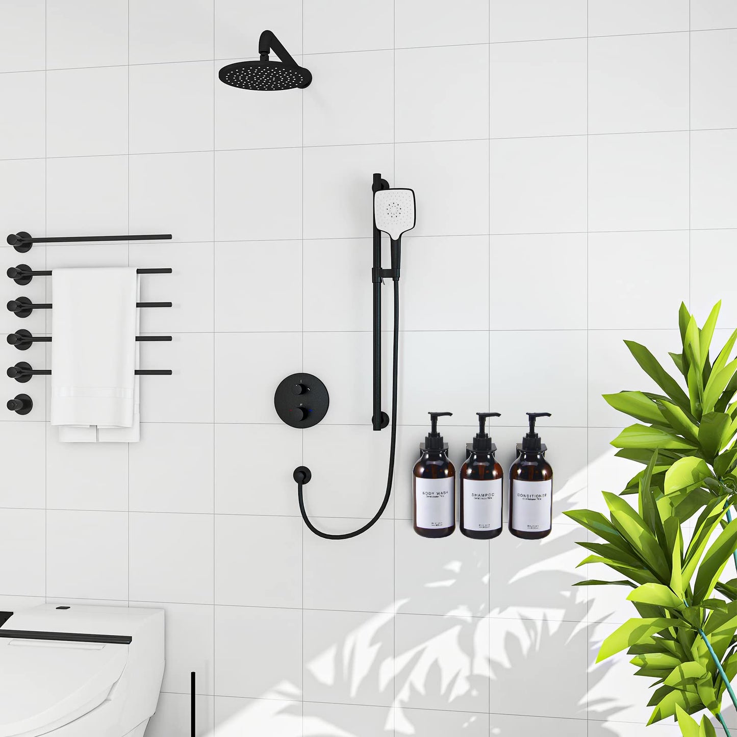 GOYISEE Shampoo and Conditioner Dispenser for Shower Wall 3 Chamber,Refillable Shampoo and Conditioner Bottles with Waterproof Labels,Soap Dispenser