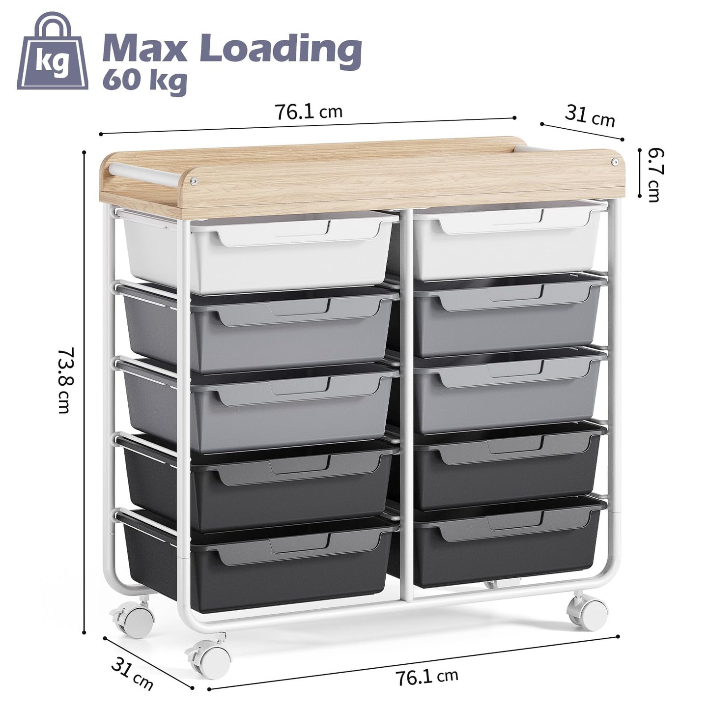 10-Drawer Craft Organizer Trolley Cart, Gray