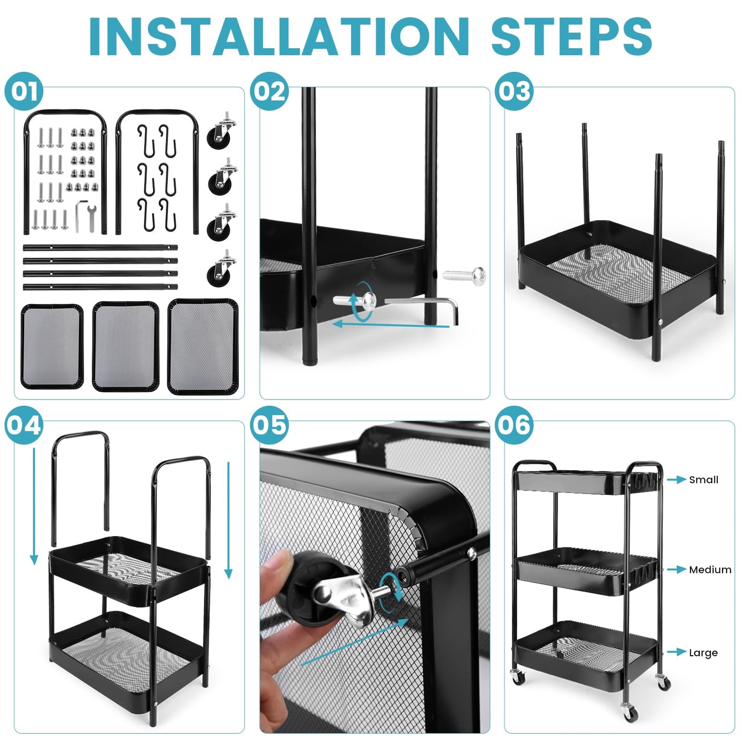 Viuxule Storage Cart, 3 Tier Metal Trolley Cart with Wheels, Black Rolling Utility Cart for Kitchen, Bathroom, Office, Bedroom