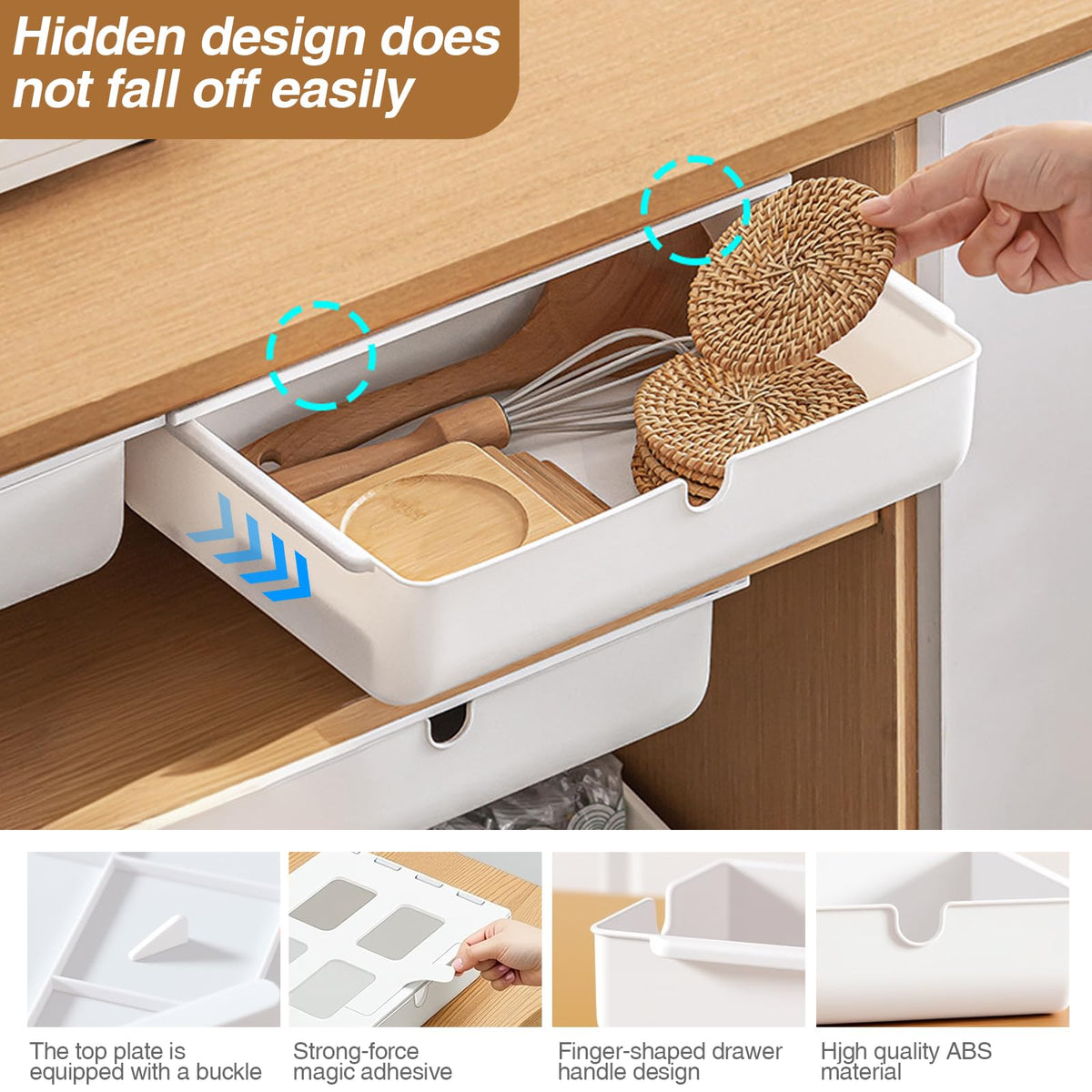 ECVUKQ Under Desk Drawer, 33 × 23 × 8.5cm Under Desk Storage Self-Stick Table Organiser Hidden Under-Shelf Drawer for Office Home School Large Size