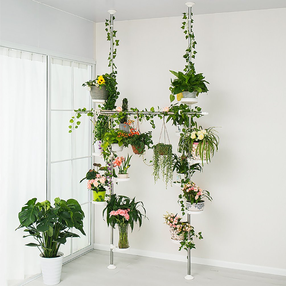 BAOYOUNI Indoor Plant Stands Spring Double Tension Pole Metal Flower Display Rack Space Saver Corner Floral Pot Storage Shelf with 12 Trays, 2 Hooks &