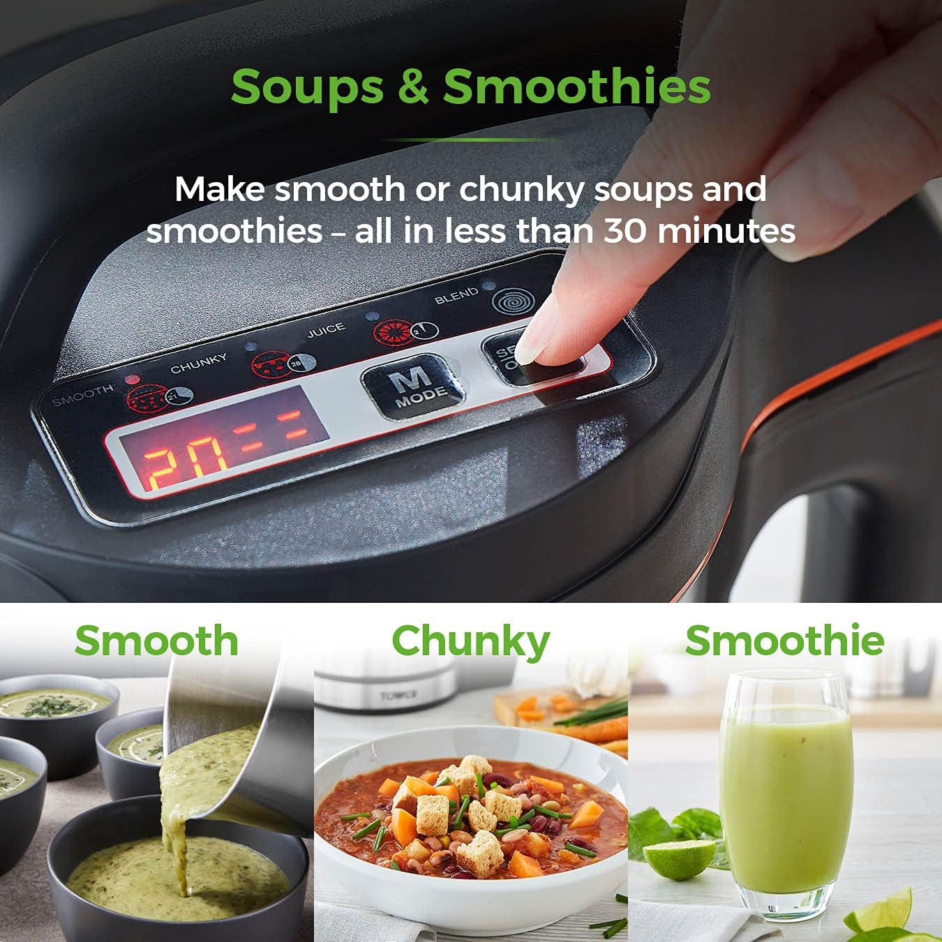 Tower T12031 Soup & Smoothie Maker with Intelligent Control System and Stainless Steel Jug and Blade, 1000W, 1.6 Litre, Stainless Steel