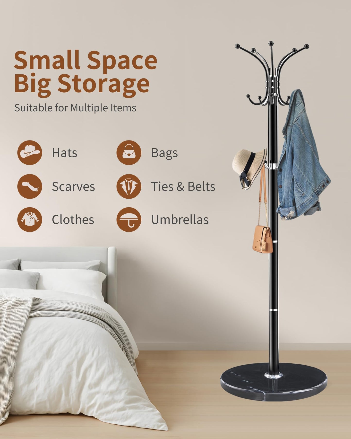Snaikor Metal Coat Rack Stand with Natural Marble Base, Modern Coat Rack Freestanding, 360°Rotary Coat Racks with 14 Hooks