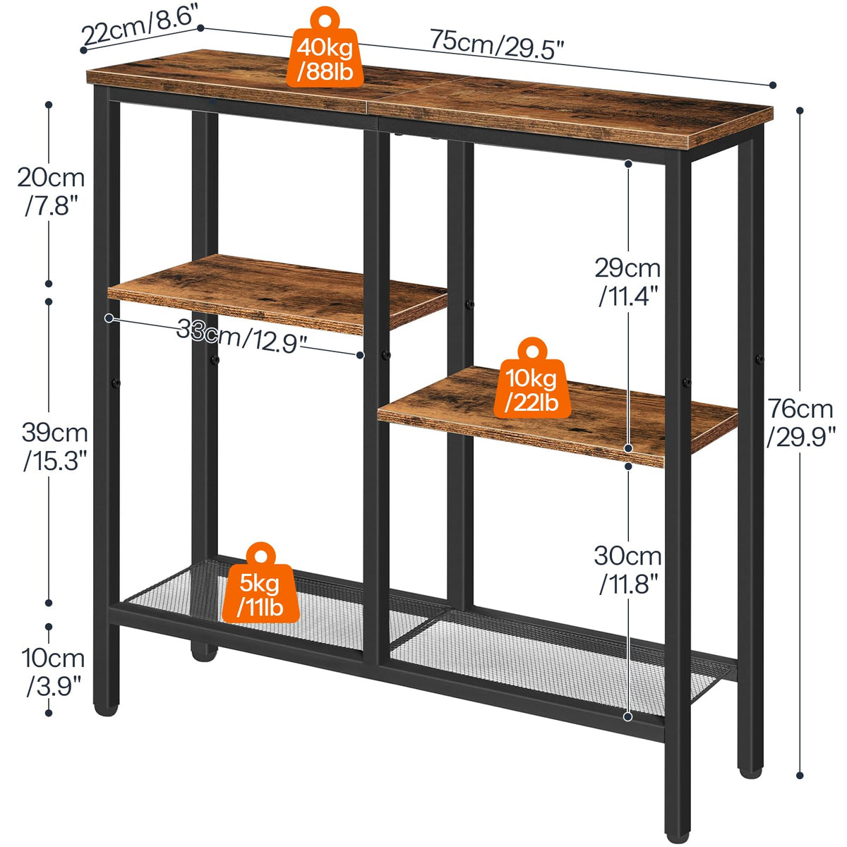 HOOBRO Console Table, Narrow Console Table, Slim Sofa Table with 4-Tier Storage Shelves, Industrial Hallway Table with Metal Mesh Shelf, for Hallway,