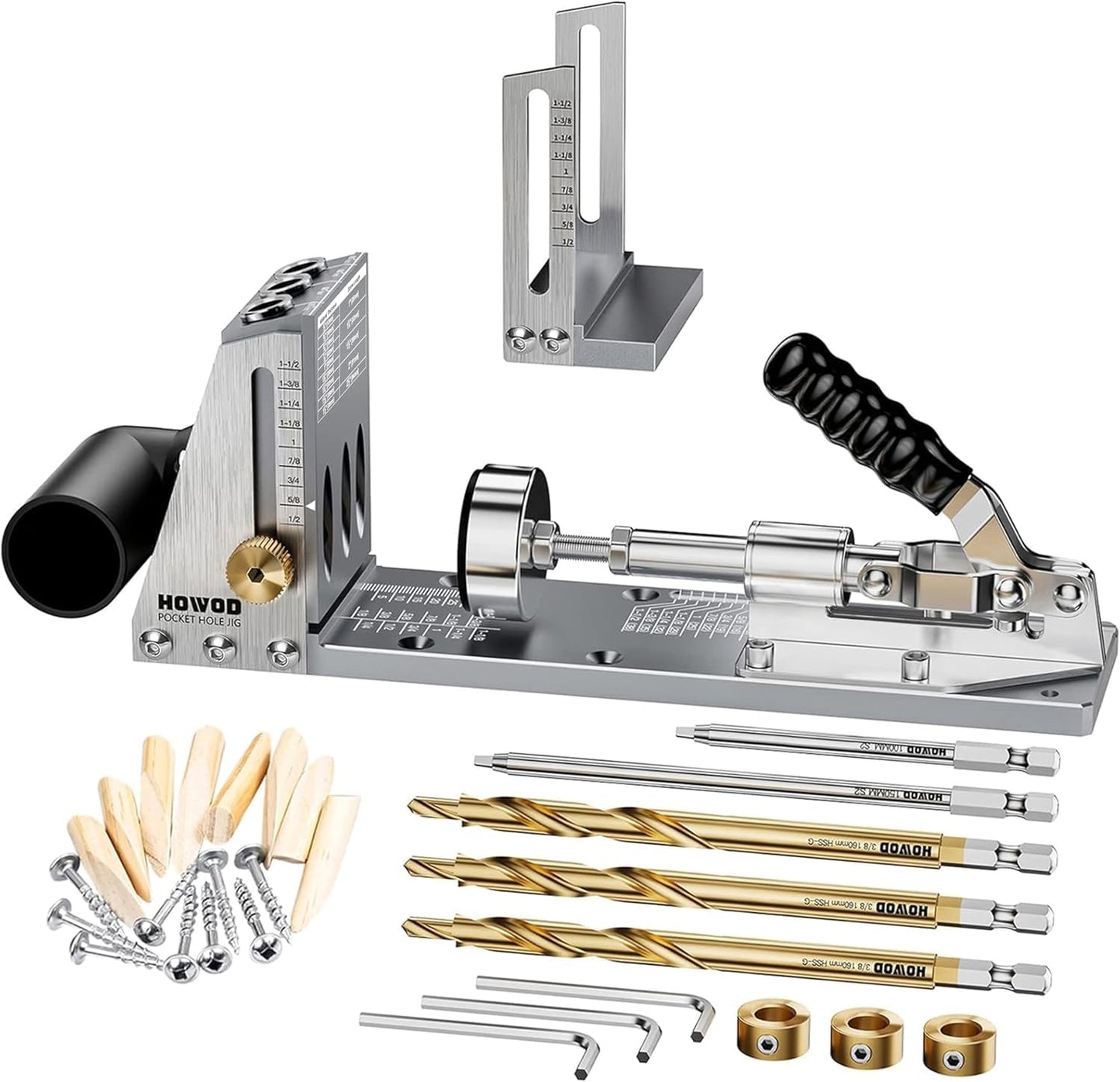 HOWOD Pocket Hole Jig Kit, Upgraded Professional Metal Pocket Screw Jig System with Detachable Vacuum Adapter, Sharp and Durable 9.5MM(3/8") Titanium