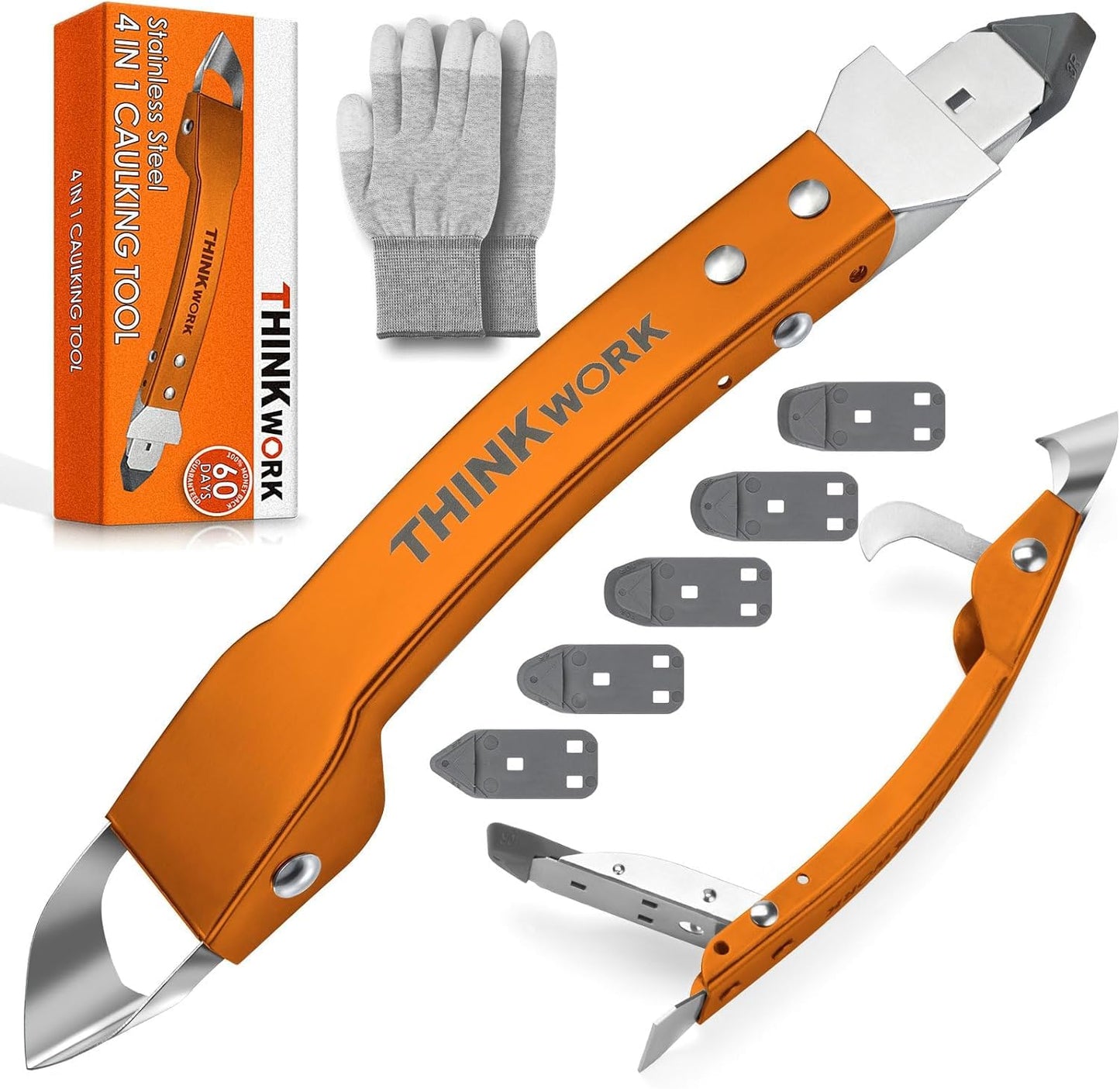 4 in 1 Silicone Caulking Tool Kit, THINKWORK Sealant Finishing Tool, Smoothing Removal Caulk with Pads, Stainless Steel Caulk Remover Tool for Home