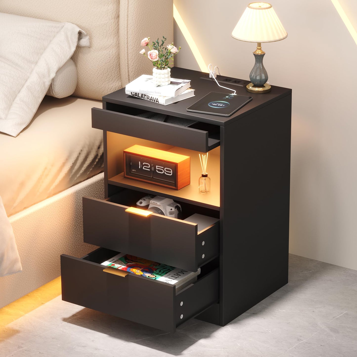 Yusong LED Nightstand Bedside Table with Charging Station 2 Drawers, Black Modern Sofa Couch End Side Table with Lights and Pull-Out Shelf for Bedroom