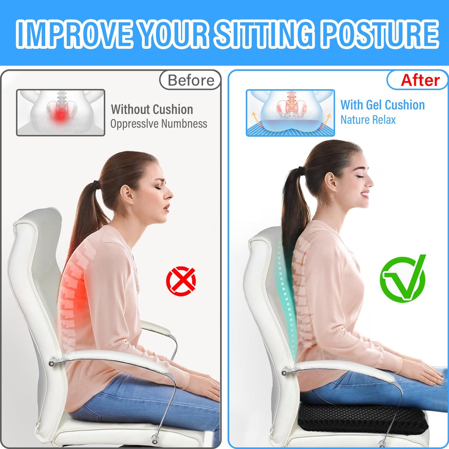 Audasi Gel Seat Cushion, Honeycomb Thick Gel Seat Pad for Bottoms Soft Sitter Cushion Relieving Back Coccyx Pressure Seat Cushions for Car Office