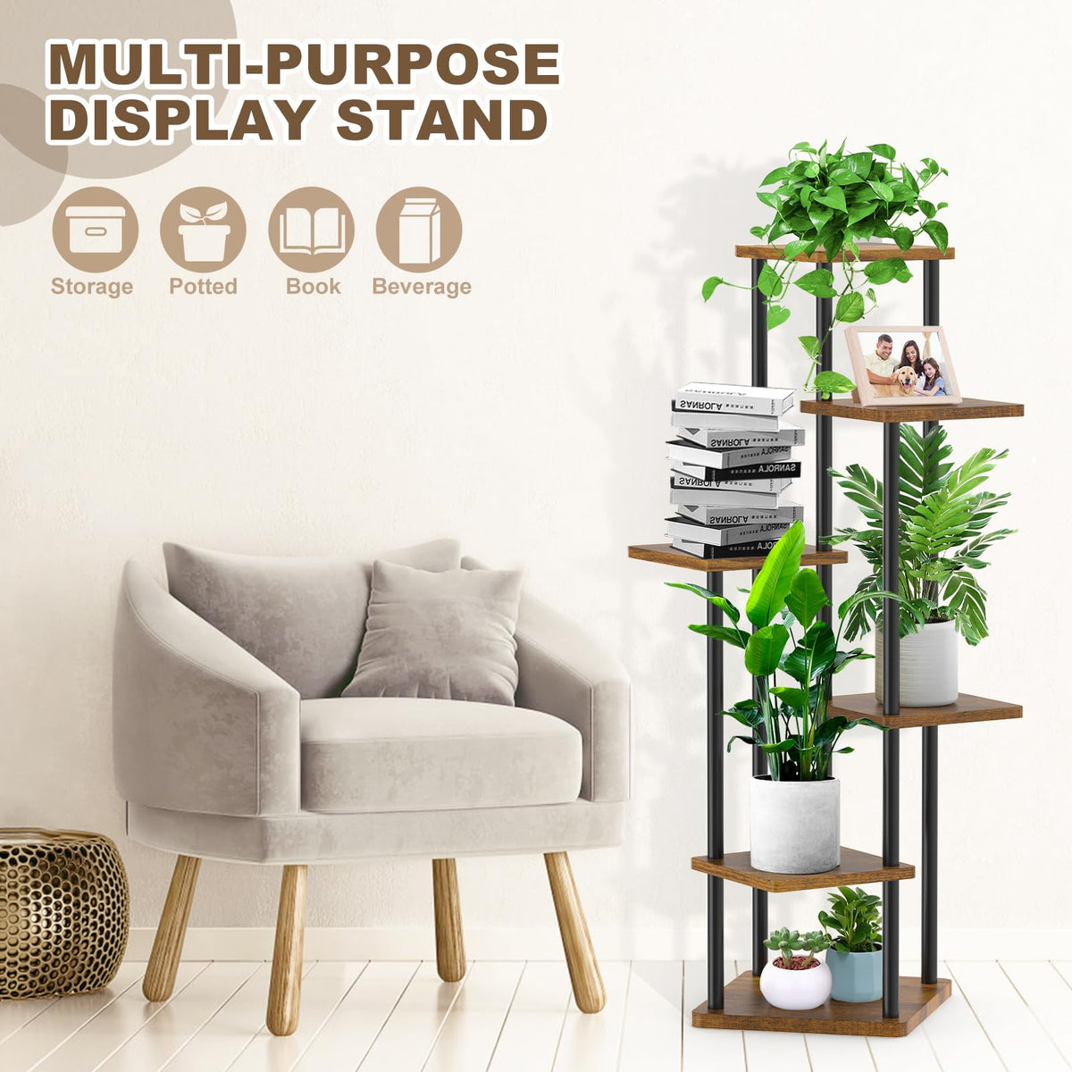 YOCOMEY 6 Tier Wood Tall Plant Stand Metal Rack Indoor, Multiple Flower Pot Holder Shelves Corner Rack, Planter Shelf Display Rack Storage Organizer