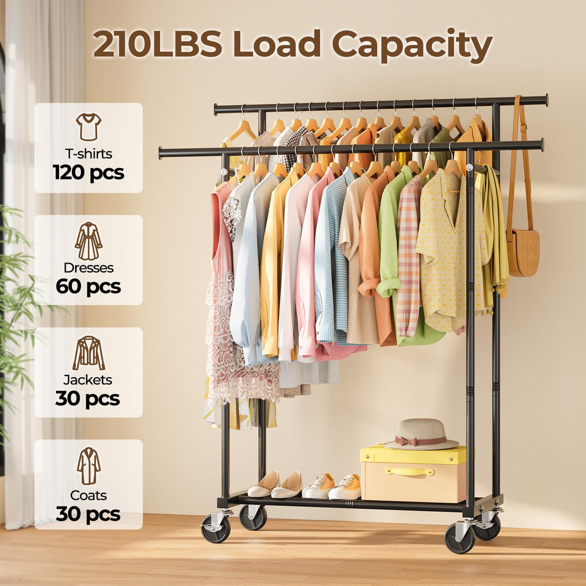 HYSEYY Double Rod Clothes Rail, Rolling Clothes Rack, Heavy Duty Clothing Rail with Lockable Wheels & Storage Shelf, Clothing Rack for bedroom