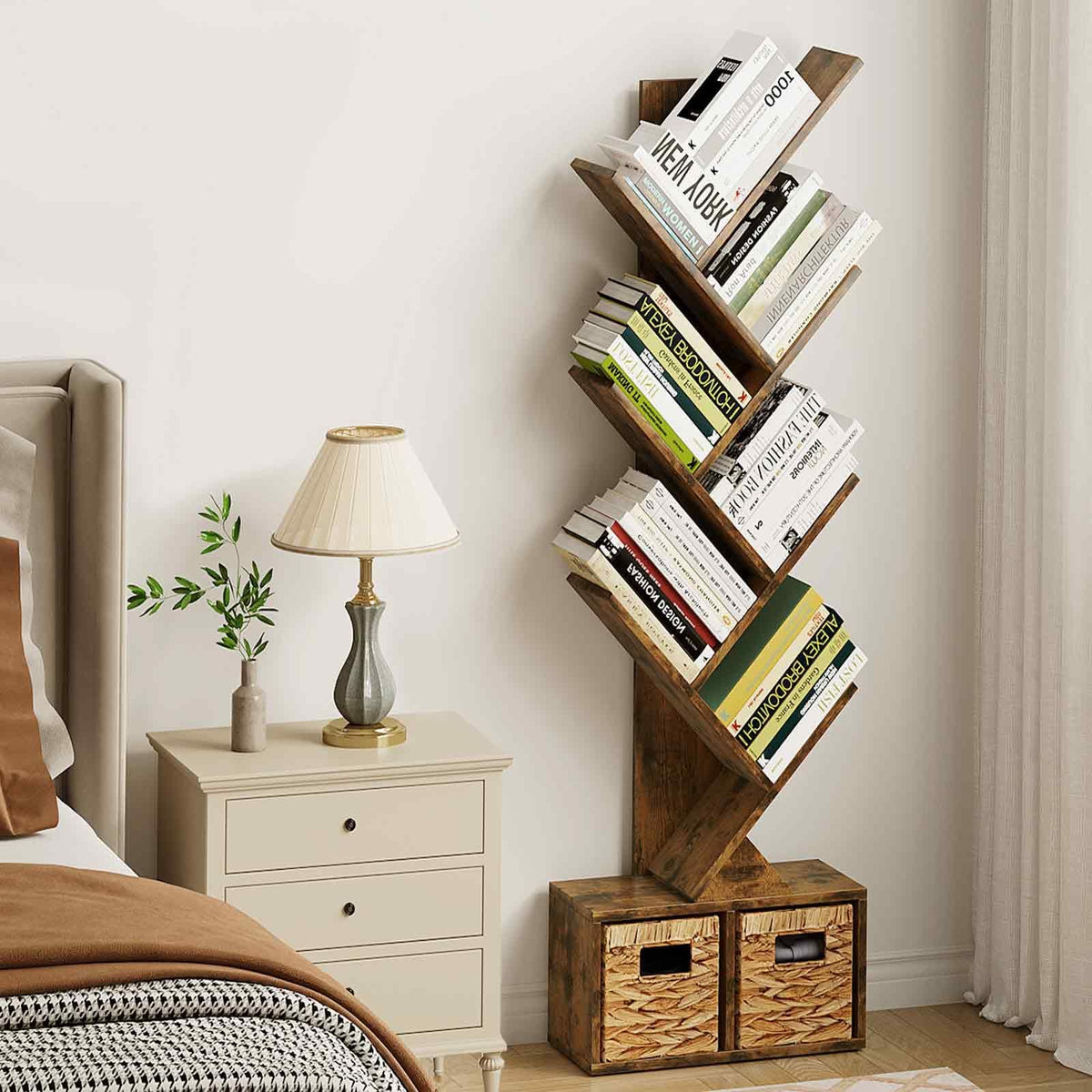 Vagusicc 6 Tier Tree Bookshelf with 2 Storage Baskets, Tall Display Shelf Organizer for Books, Magazines, Home Decor