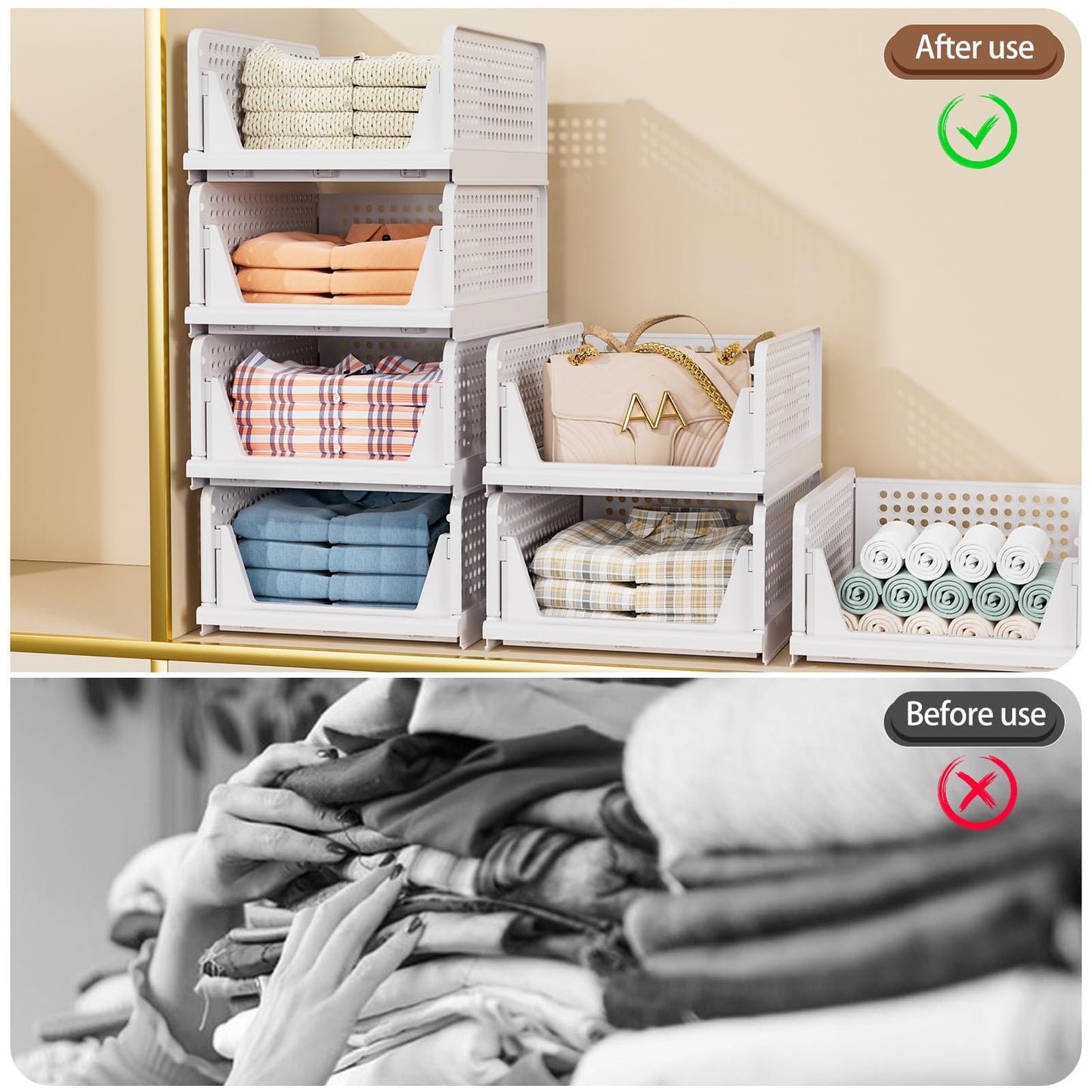 TidyIsles Wardrobe Storage Organiser - 5 Pack Folding Closet Organisers, Stackable Storage Boxes, Plastic Drawer Organiser Basket for Bedroom Kitchen