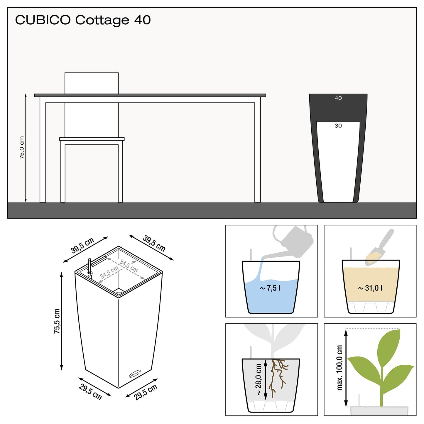 Lechuza Self Watering Plant Pots CUBICO Cottage 40 Large Rattan Look Plastic Outdoor Indoor Planter with Drainage Hole H75 L40 W40 cm White