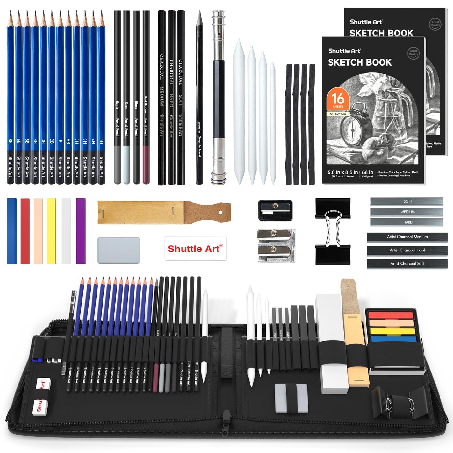 Shuttle Art Sketching Pencils and Drawing Set, 52 Pack Sketch Pad and Pencil Set in Sturdy Zipper Case with Charcoal Pencil and Sketch Books,