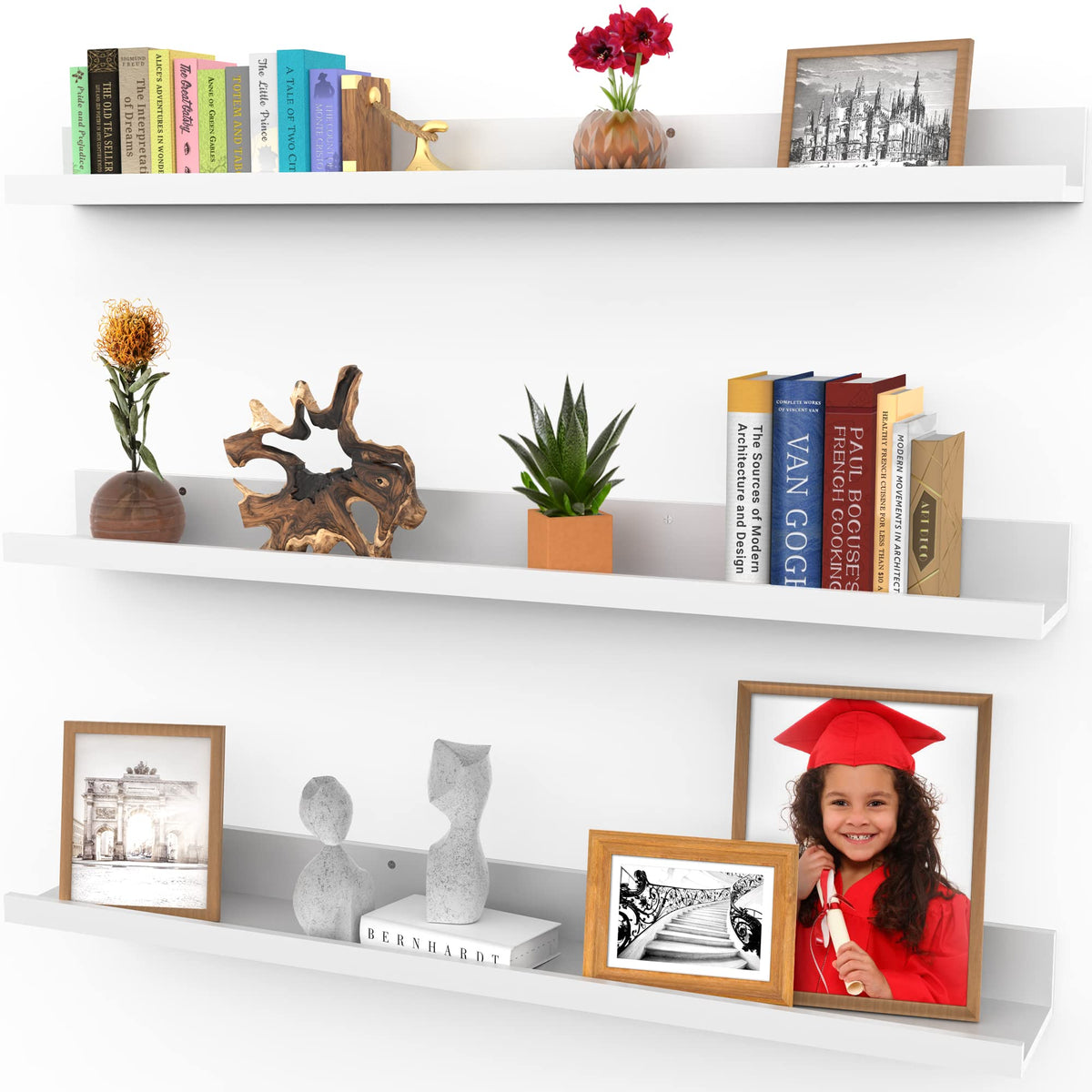 Icona Bay 36 Inch (91 cm) Floating Shelves for Wall, Set of 3 in Powder White, Modern Rustic Style, Wall Mounted Display Shelves, Picture Ledges