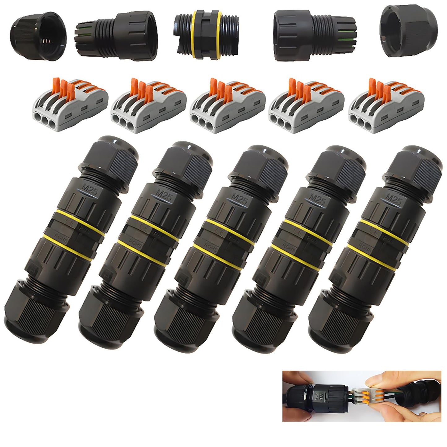 CESFONJER Junction Box Outdoor Waterproof IP68 3 - Way Line M25 Cable Connector Wire Range 5-10mm Power Cord External Sleeve Coupler Protection Box (5