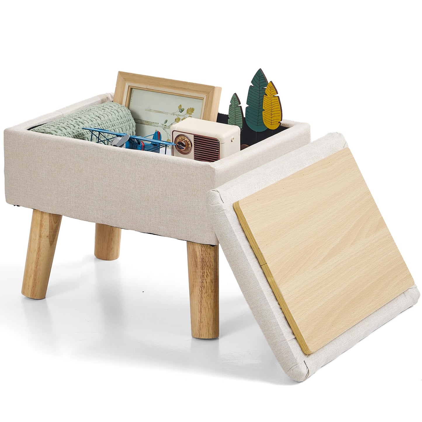 BRIAN & DANY Footstool Ottoman with Storage, Linen Rectangle Storage Ottoman, Foot Stool with Legs Sofa Footrest for Living Room Entryway Office
