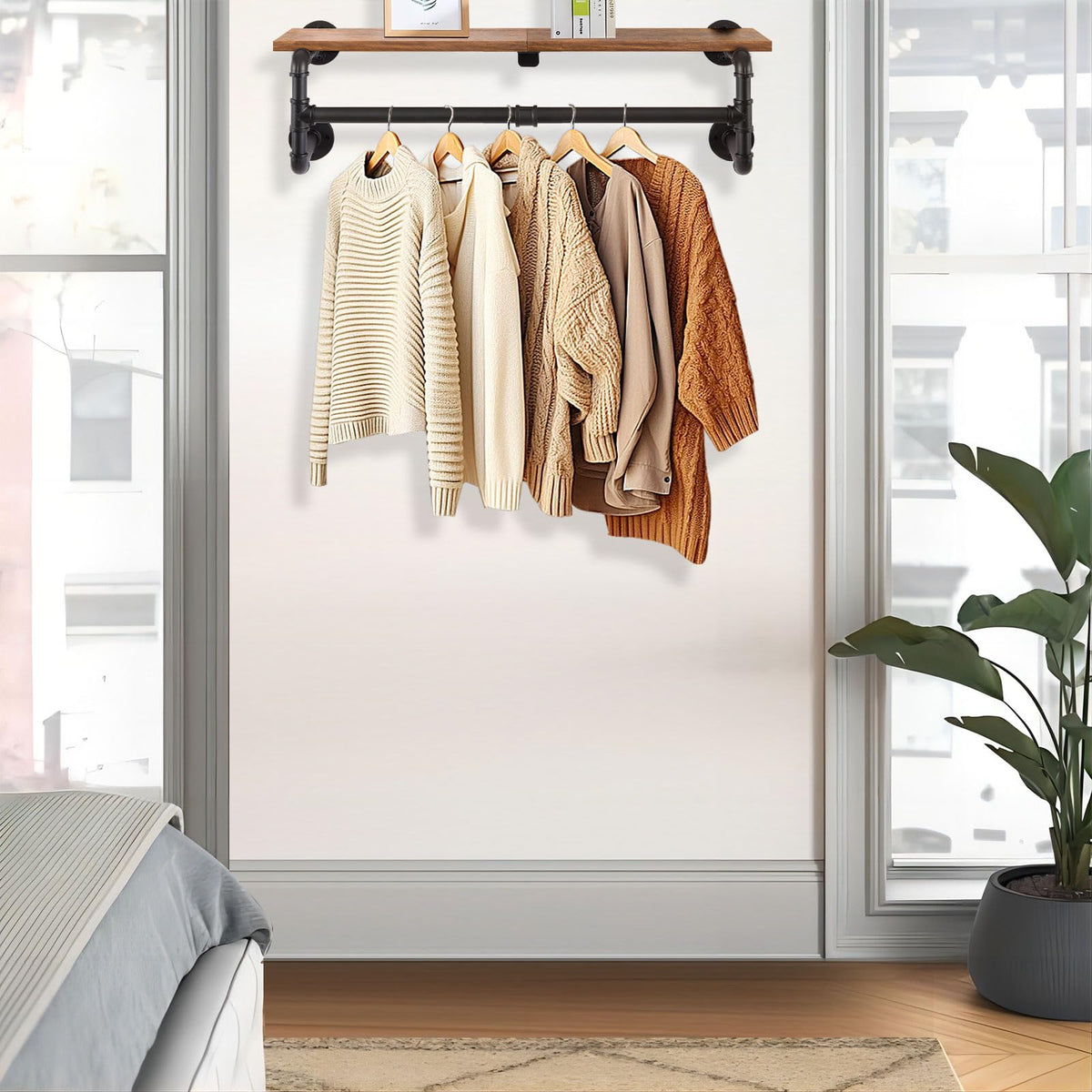 Yawinhe Industrial Pipe Clothes Rack with Top Shelf, 70cm Space Saving Hanger with 4 Bases, Multi Purpose Hanging Rod for Shops, Homes, and Closets