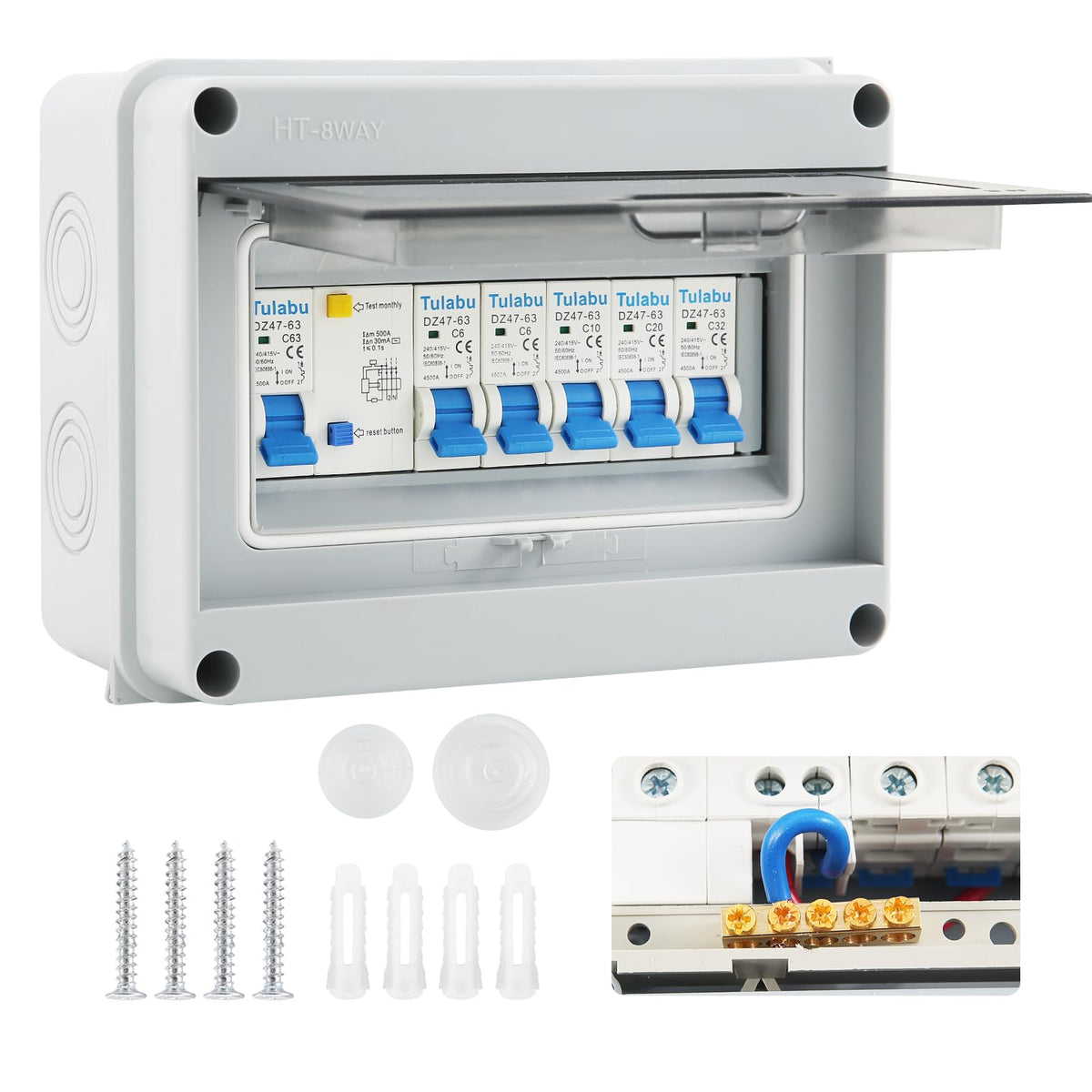 4 Way Consumer unit Circuit Breaker, Garage unit with Assembly Tool, 63A 30mA RCD 4MCB 2x6A+10A+20A+32A, IP65 Anti-Leakage Fuse Box for Garages