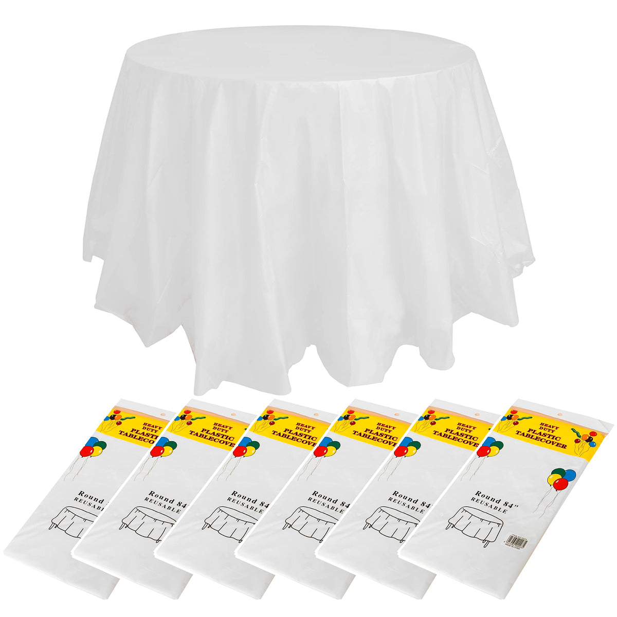 6 Pack Round Disposable Table Cloth 84 inch Plastic Disposable PEVA Water Resistant Table Cloths Circle Table Cover for Wedding Banquet Restaurant BBQ