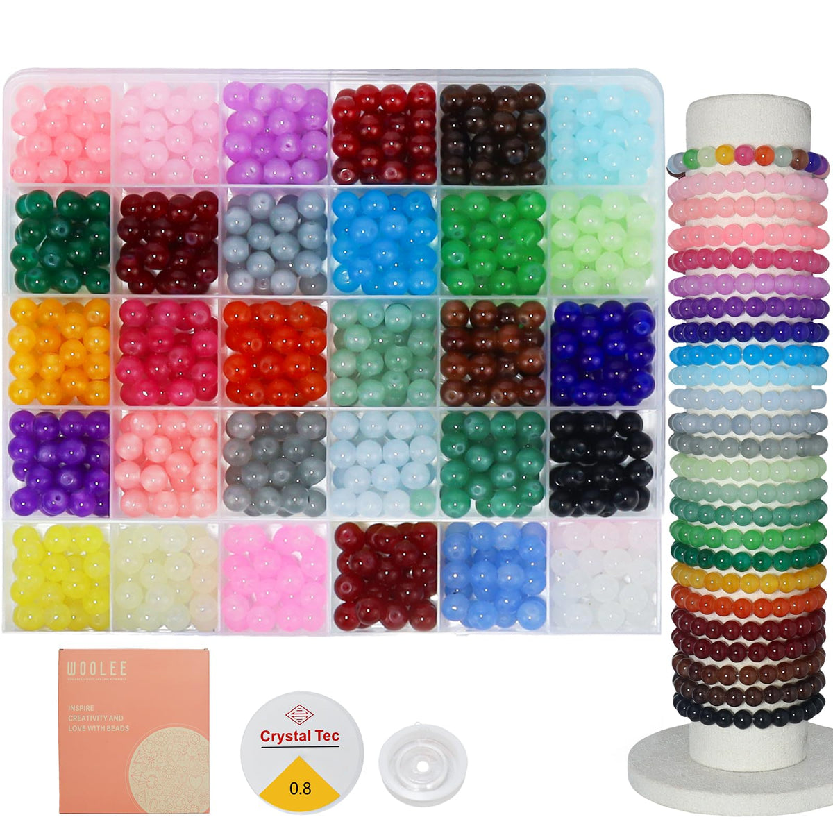 WOOLEE 750Pcs Glass Beads Bracelet Making Kit, 30 Colors 8MM Crystal Round Glass Beads Jewelry Making kit. Bracelet, Necklace, Earrings and Phone