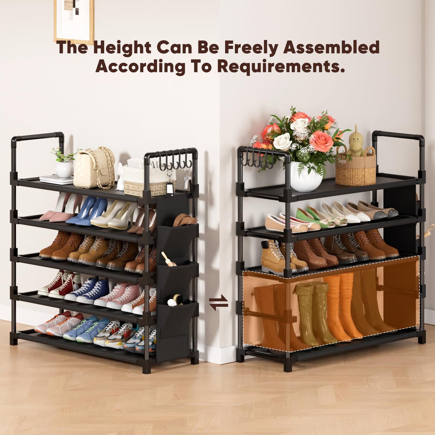 Mavivegue 5 Tier Metal Shoe Rack with 5 Hooks & 3 Side pockets
