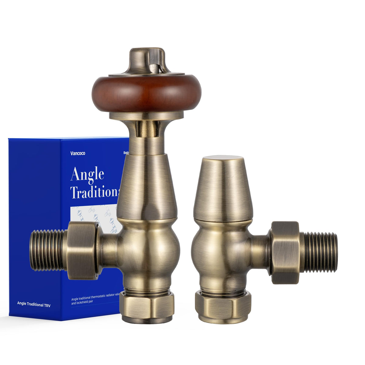 VANCOCO Traditional Antique Brass Angled Radiator Valves 1/2"?15mm, Brass Thermostatic Radiator Valve, Cast Iron Antique Thermostat Radiator