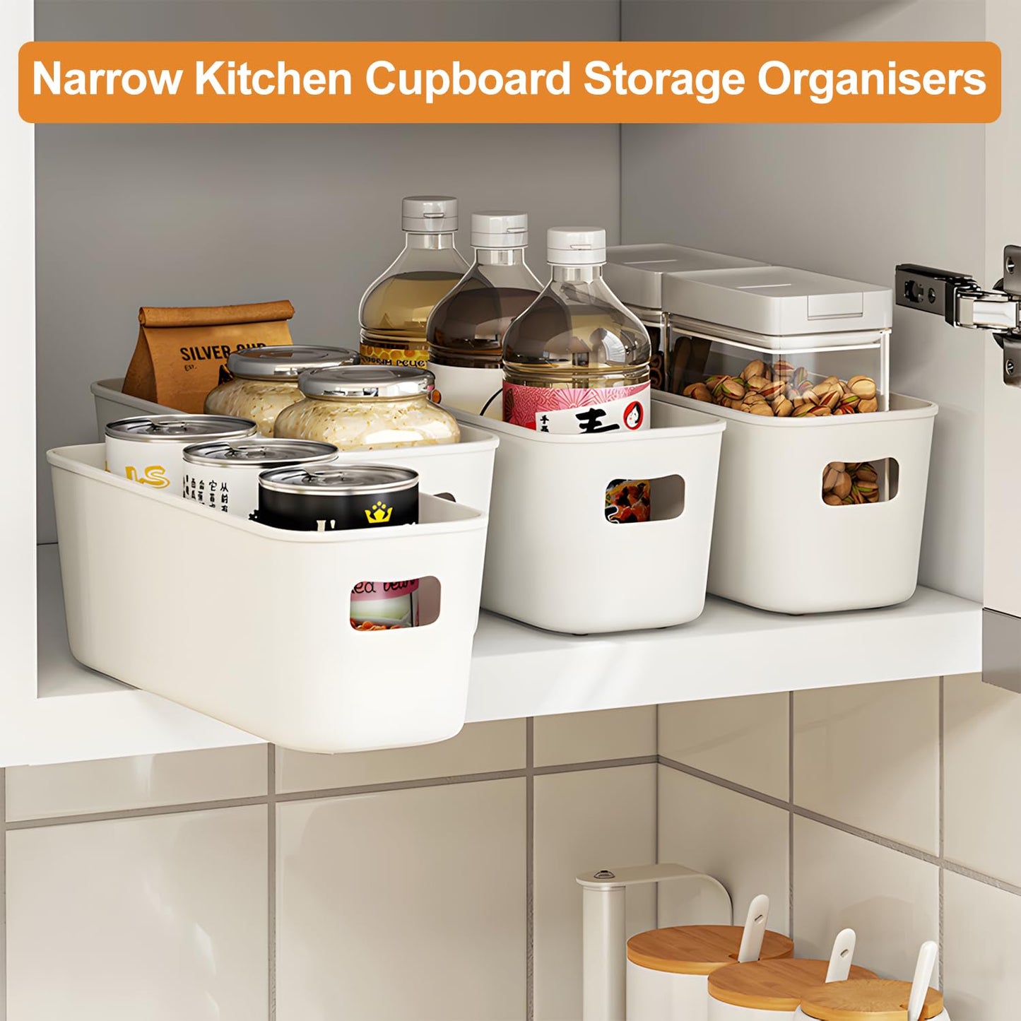 imatenn 8 pack Narrow Storage Box, Plastic Storage Baskets for Shelves, Slim Kitchen Cupboard Organiser Storage Boxes for Bathroom Cabinet, Drawers