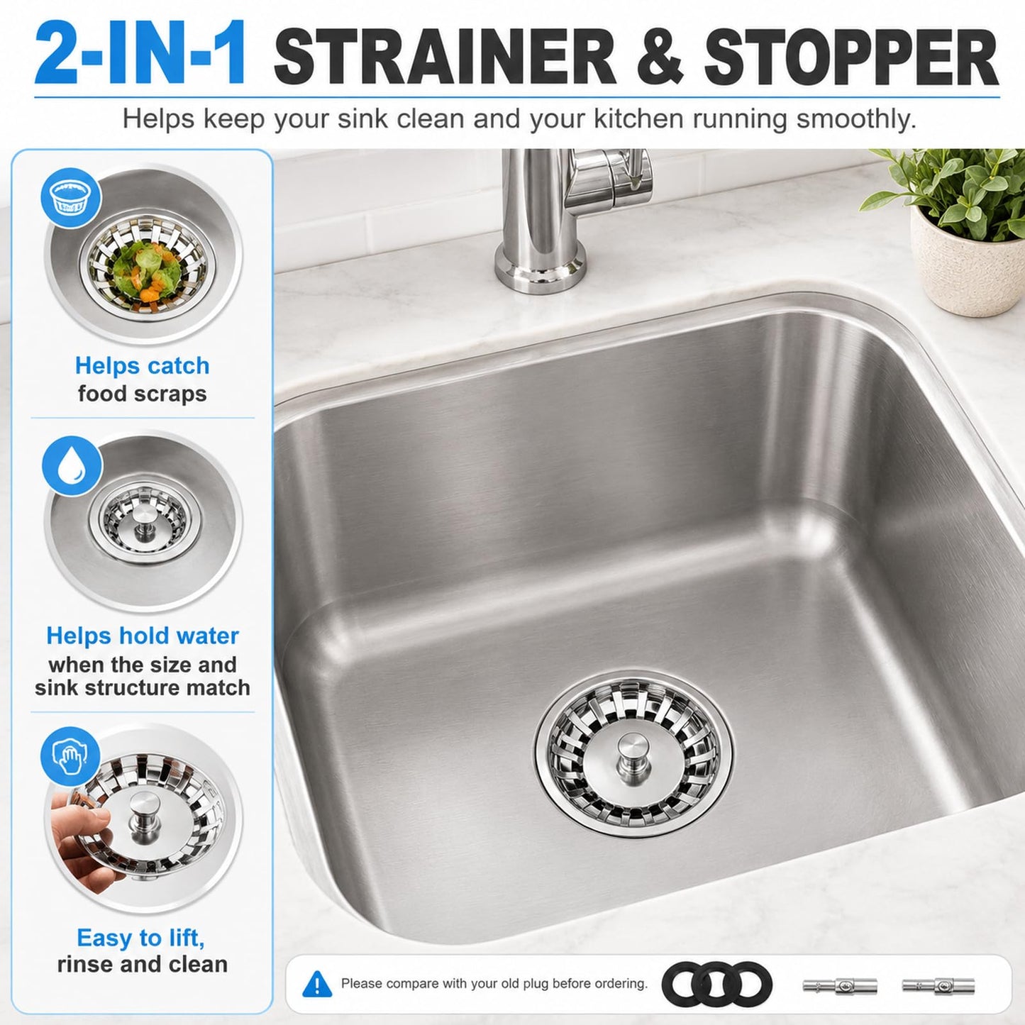 Kitchen Sink Plug Strainer, Stainless Steel Sink Plug Replacement for Approx. 83mm Old Plug Size, Actual Top Diameter Approx. 83mm