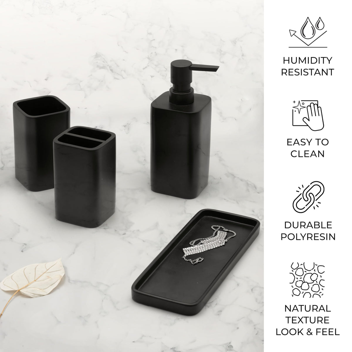 zccz Bathroom Accessory Set - 4 Piece Organiser with Toothbrush Holder, Soap Dispenser, Tumbler and Tray - Black Matte Accessories