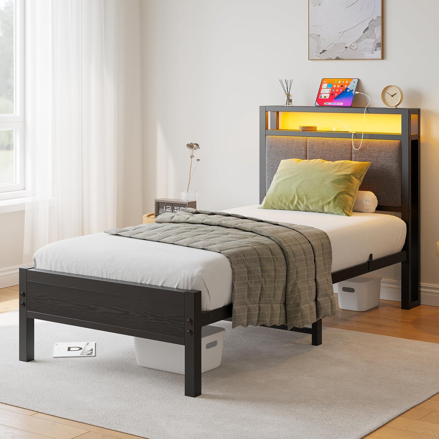 FOUBAM 3FT Single Bed Frame with LED Lights and Charging Station, Heavy Duty Metal Bed with Storage Fabric Headboard,Solid and Stable, Metal Slats