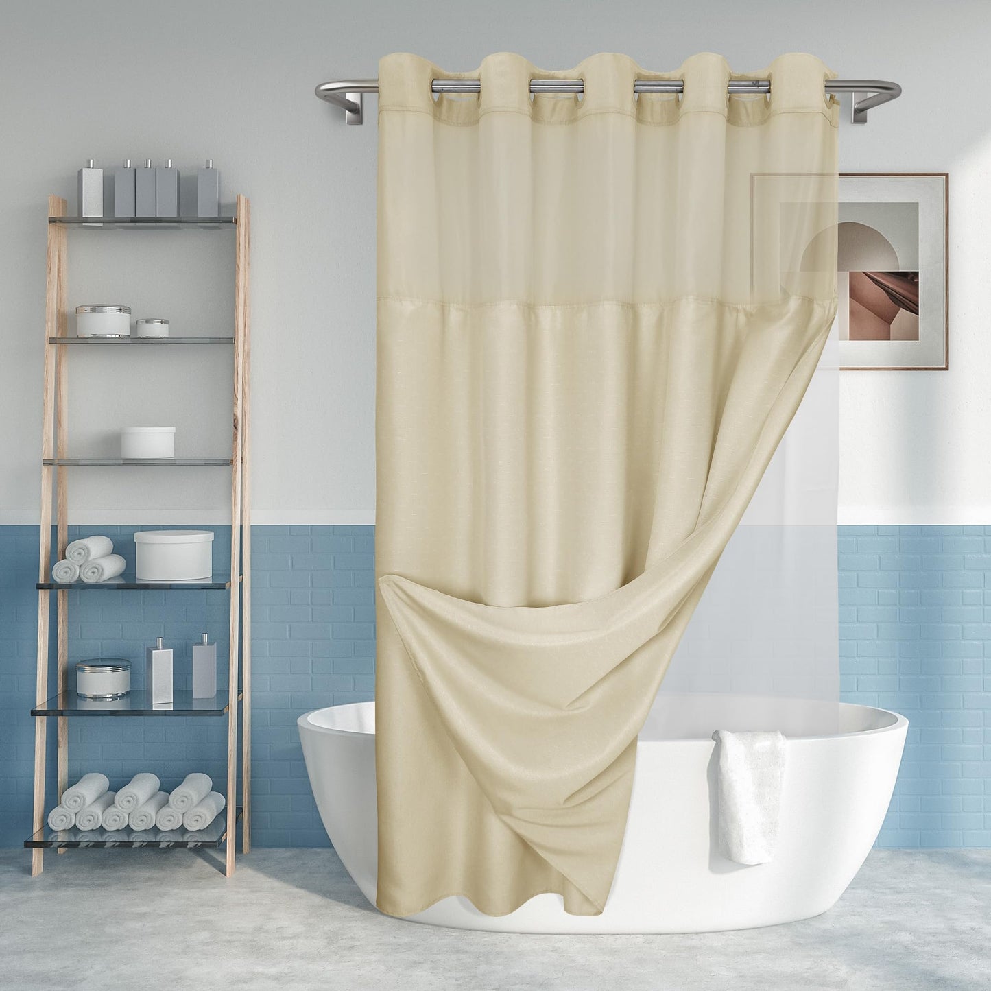 No Hook Slub Textured Shower Curtain with Snap-in PEVA Liner Set - 71" x 74"(72"), Hotel Style Beige Shower Curtain with See Through Top Window,