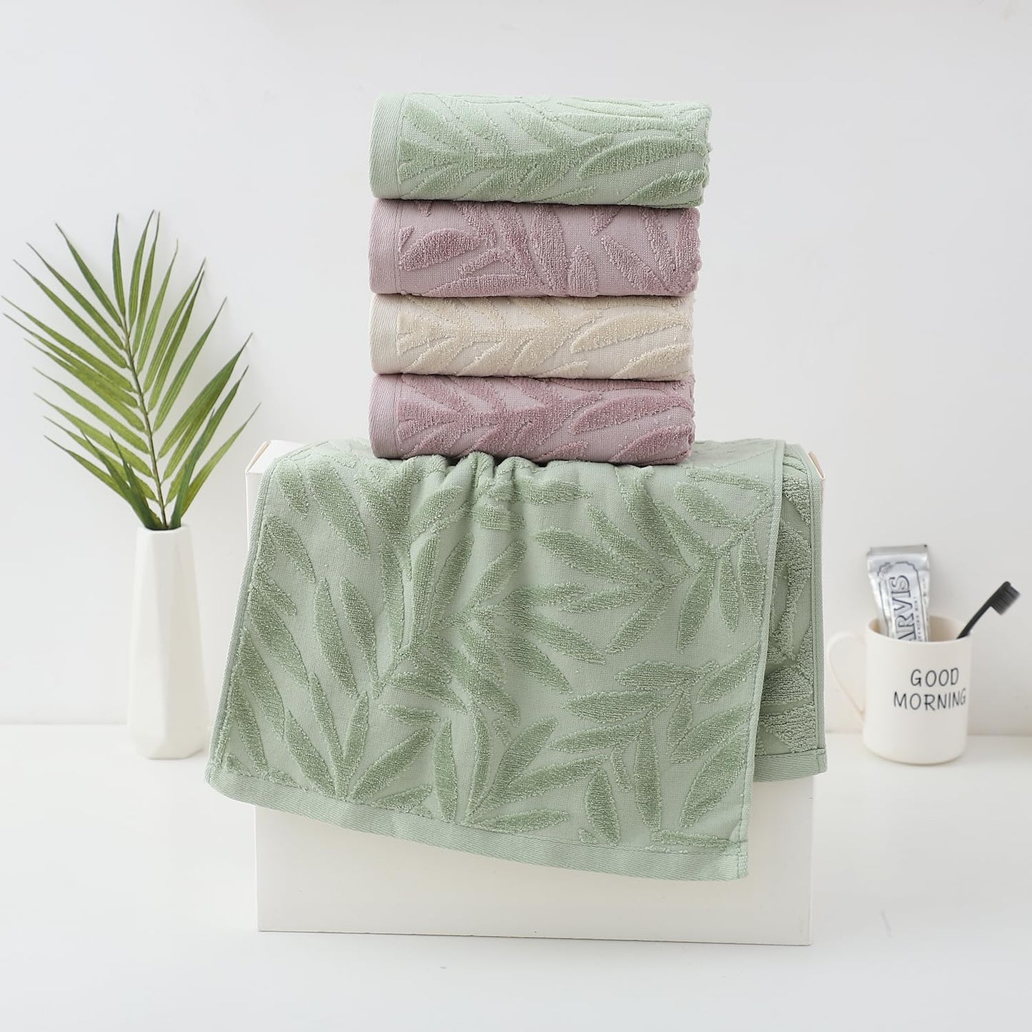 Pidada Hand Towels Set of 2 Leaf Pattern 100% Cotton Absorbent Soft Decorative Towel for Bathroom (Light Brown)