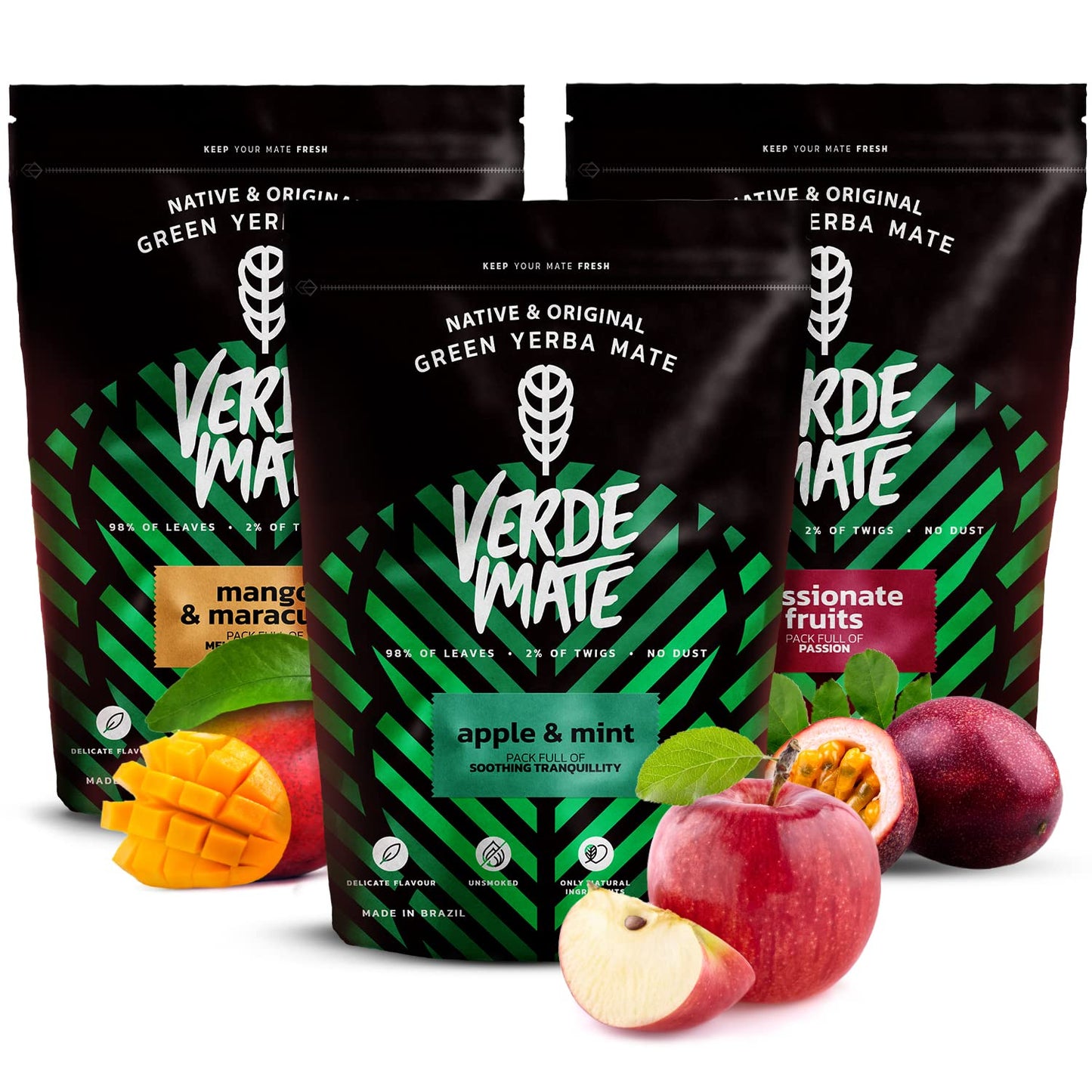 Verde Mate Green Fruity Yerba Mate Tea Set 3x500g - Mango & Maracuya, Apple & Mint, Passionate Fruits, Brazilian