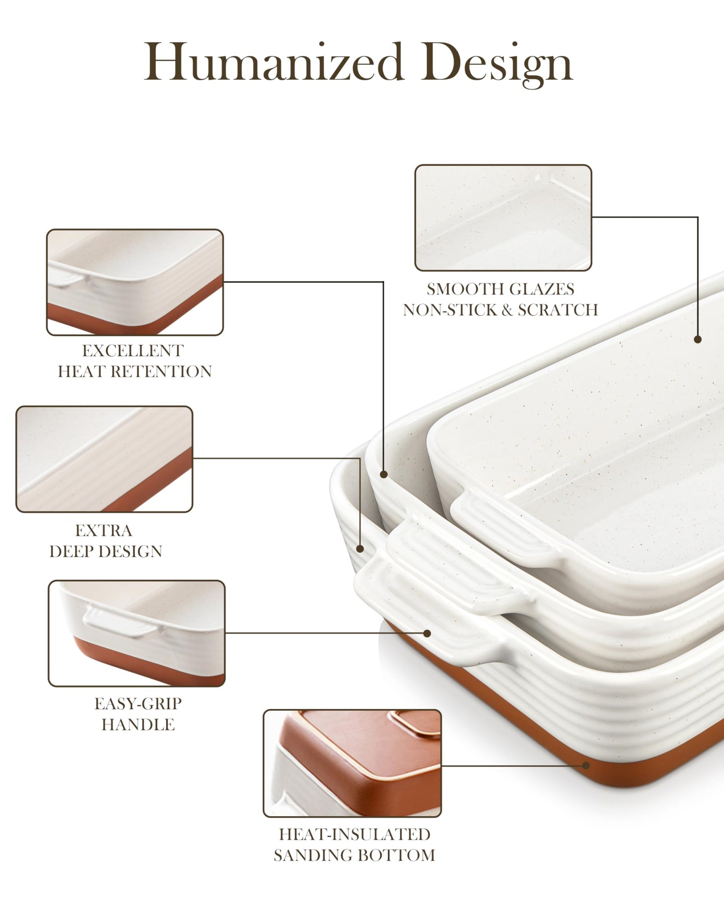 MALACASA Casserole Dishes for Oven, Ceramic Baking Dishes Set of 3, 1.45/2.7/3.8L Rectangular Baking Pan Set, Deep Lasagna Pan with Handles, Khaki