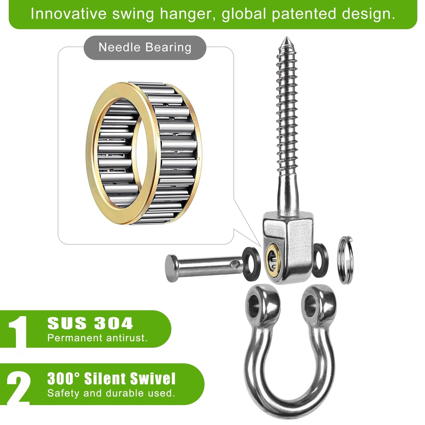 BeneLabel Heavy Duty Swing Hangers with Bearings - Set of 6 Stainless Steel 304 Screw Brackets for Hanging Chairs, Swings, Hammocks, Punching Bag -
