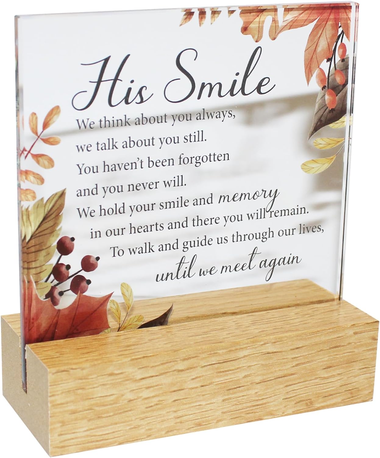 Memorial Glass Plaque on a Wooden Base - His Smile